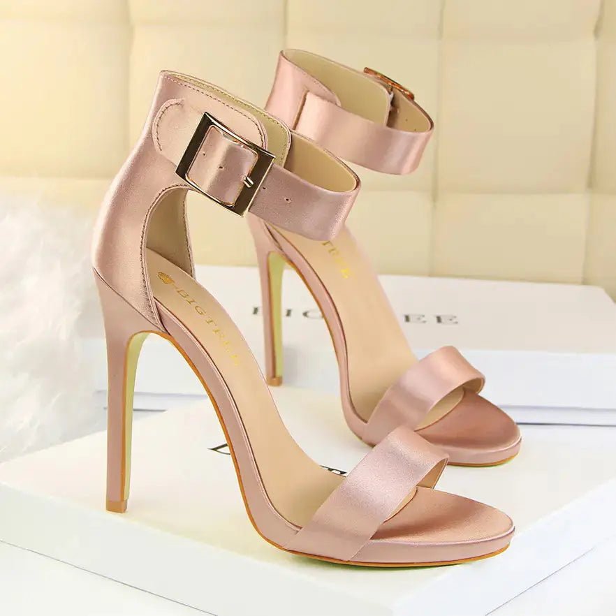 Stiletto Heels, Satin High Heels, Buckle Sandals - Couture Envy