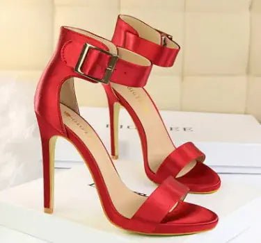Stiletto Heels, Satin High Heels, Buckle Sandals - Couture Envy