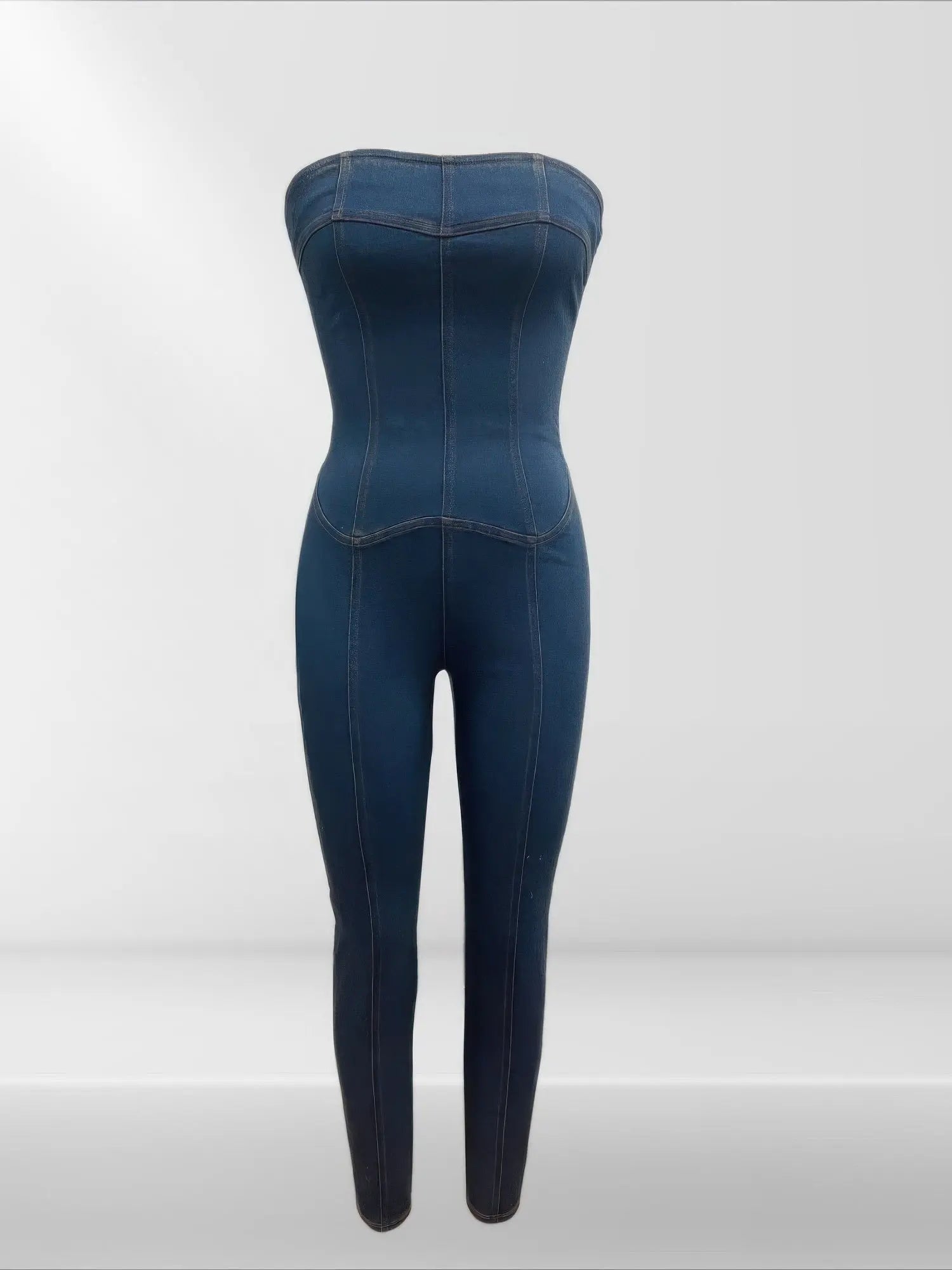 Strapless Denim Jumpsuit With Lace Up Back - Couture Envy