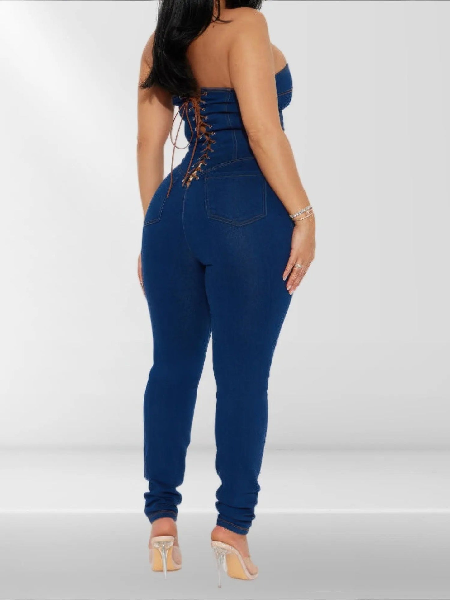 Strapless Denim Jumpsuit With Lace Up Back - Couture Envy
