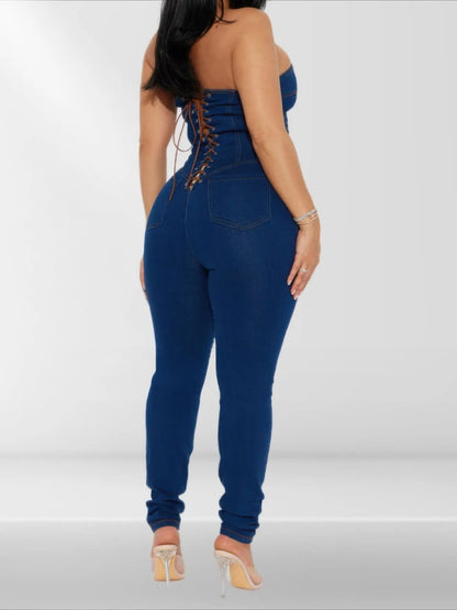 Strapless Denim Jumpsuit With Lace Up Back - Couture Envy