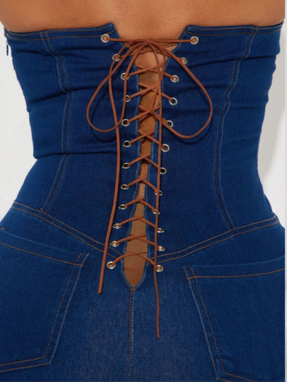Strapless Denim Jumpsuit With Lace Up Back - Couture Envy