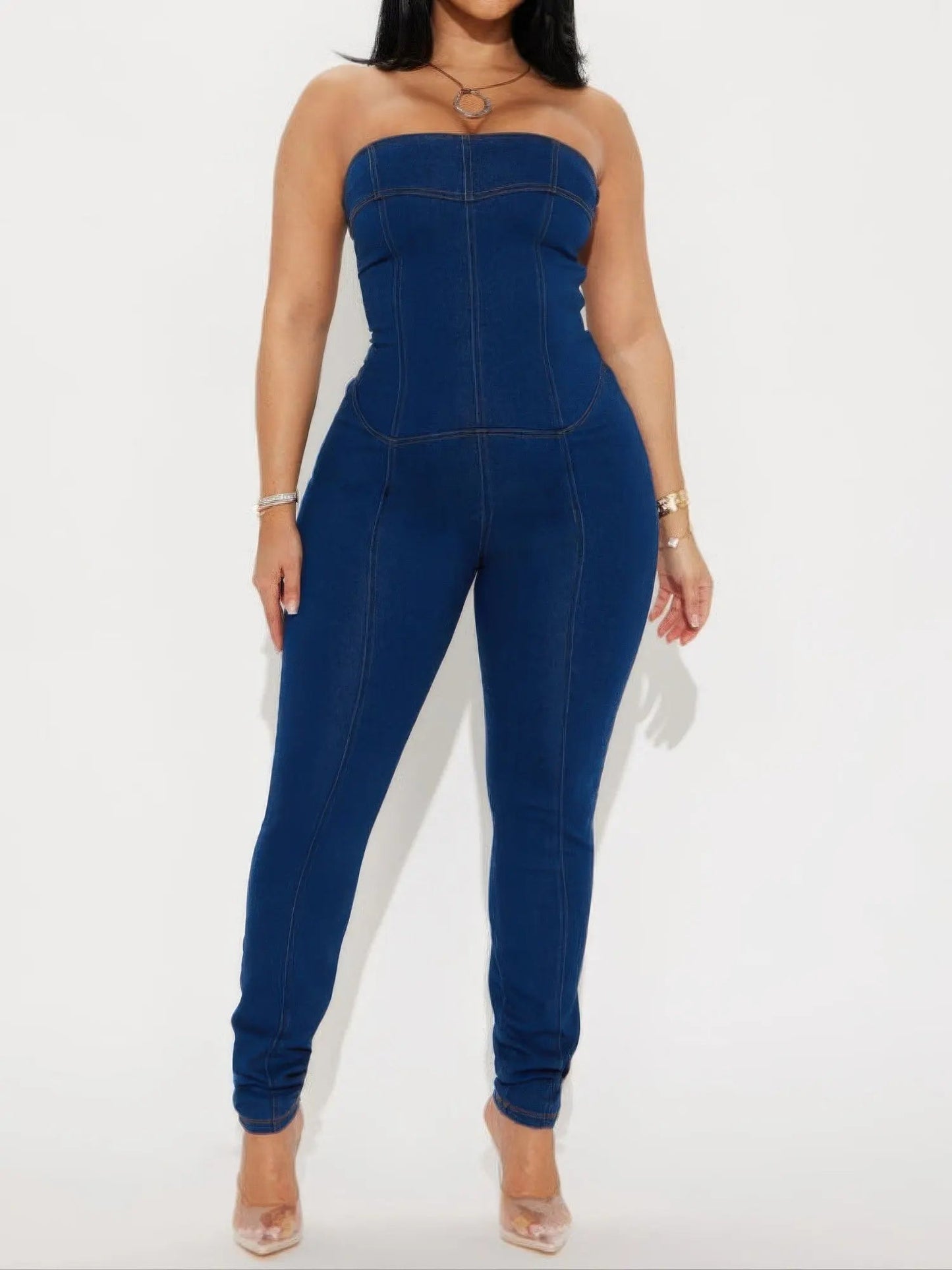 Strapless Denim Jumpsuit With Lace Up Back - Couture Envy