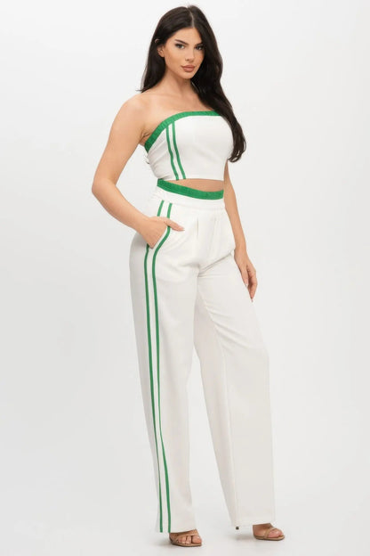 Stripe Tapping Contrast Elastic Band Toppants Set - Couture Envy