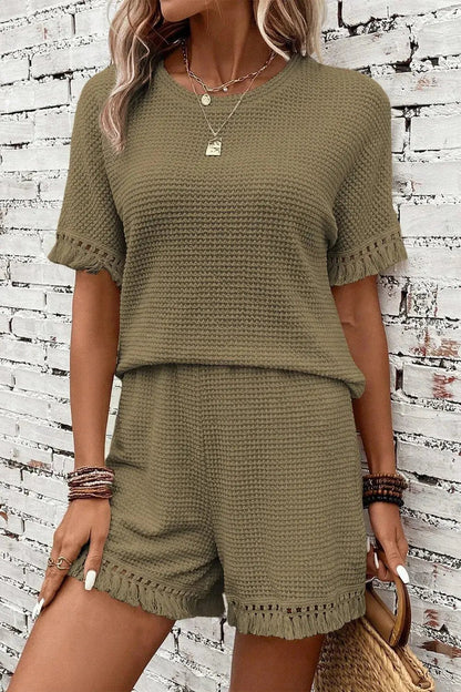 Tassel Round Neck Top and Shorts Set - Couture Envy