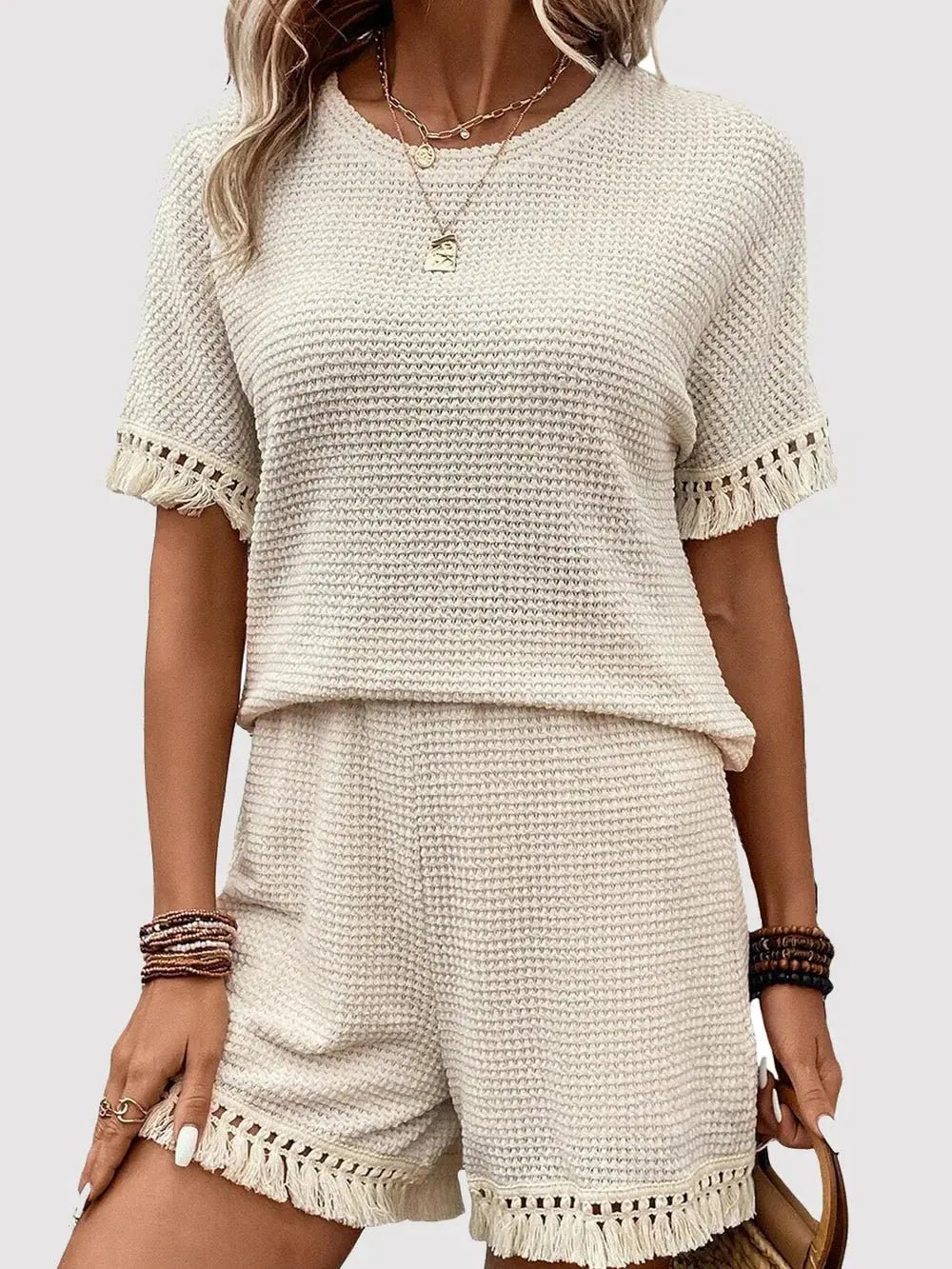 Tassel Round Neck Top and Shorts Set - Couture Envy