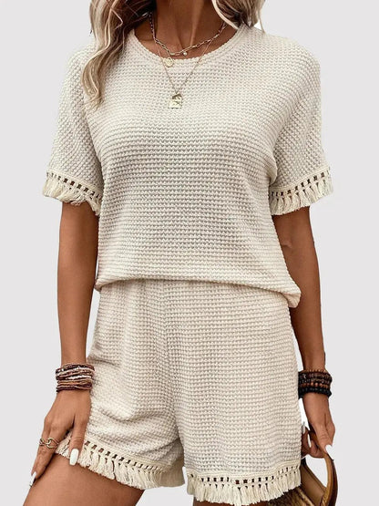 Tassel Round Neck Top and Shorts Set - Couture Envy