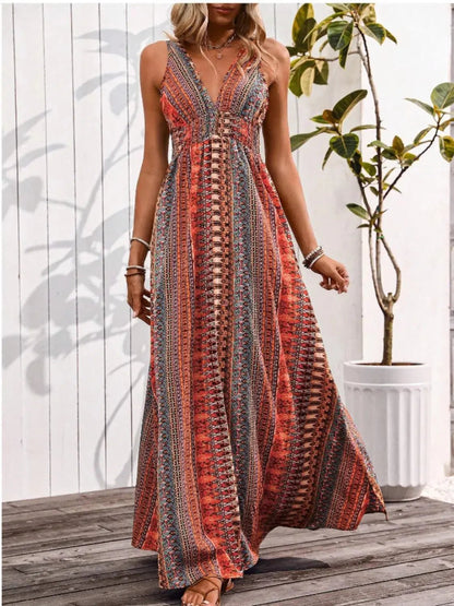 Tied Back Printed Sleeveless Maxi Slit Dress - Couture Envy