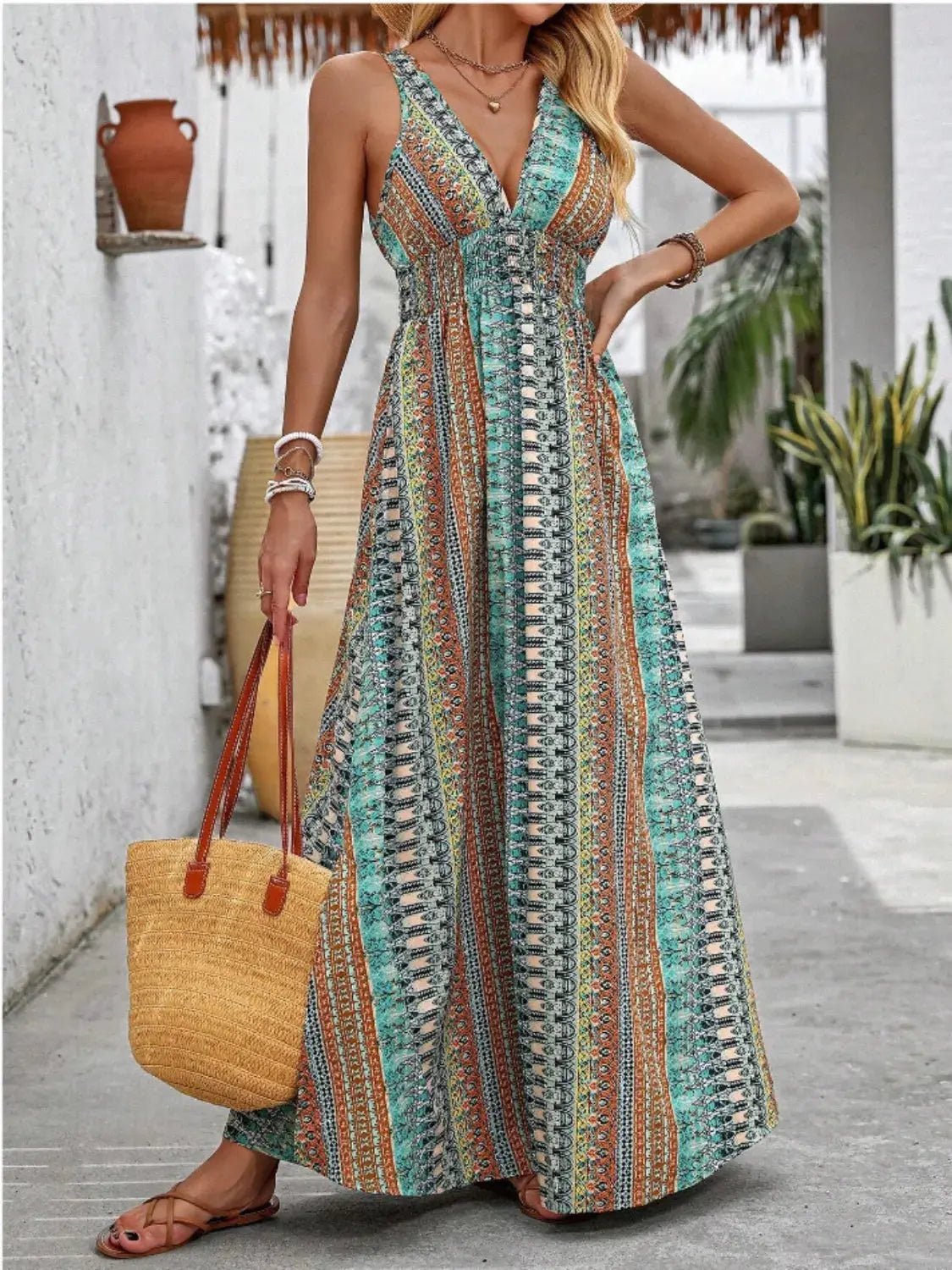 Tied Back Printed Sleeveless Maxi Slit Dress - Couture Envy