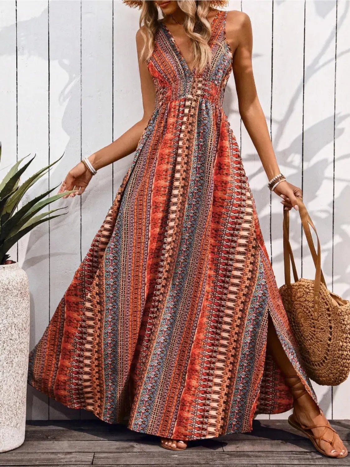 Tied Back Printed Sleeveless Maxi Slit Dress - Couture Envy