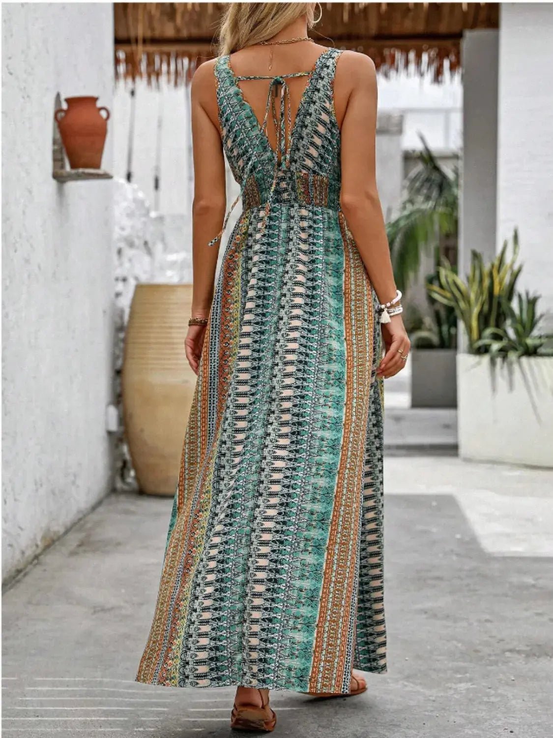 Tied Back Printed Sleeveless Maxi Slit Dress - Couture Envy