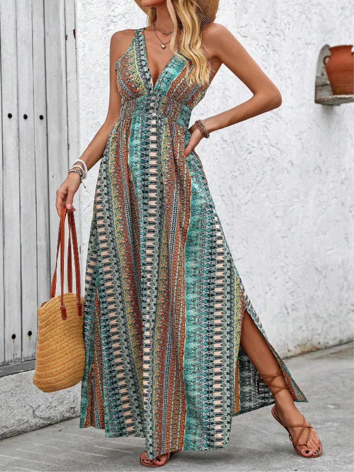 Tied Back Printed Sleeveless Maxi Slit Dress - Couture Envy