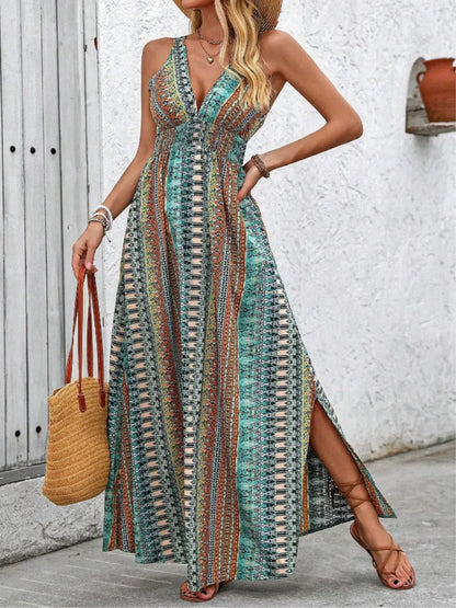 Tied Back Printed Sleeveless Maxi Slit Dress - Couture Envy