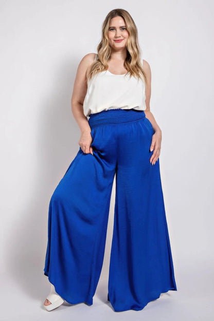 Washed Satin Wide Pants With Waist Smocked - Couture Envy