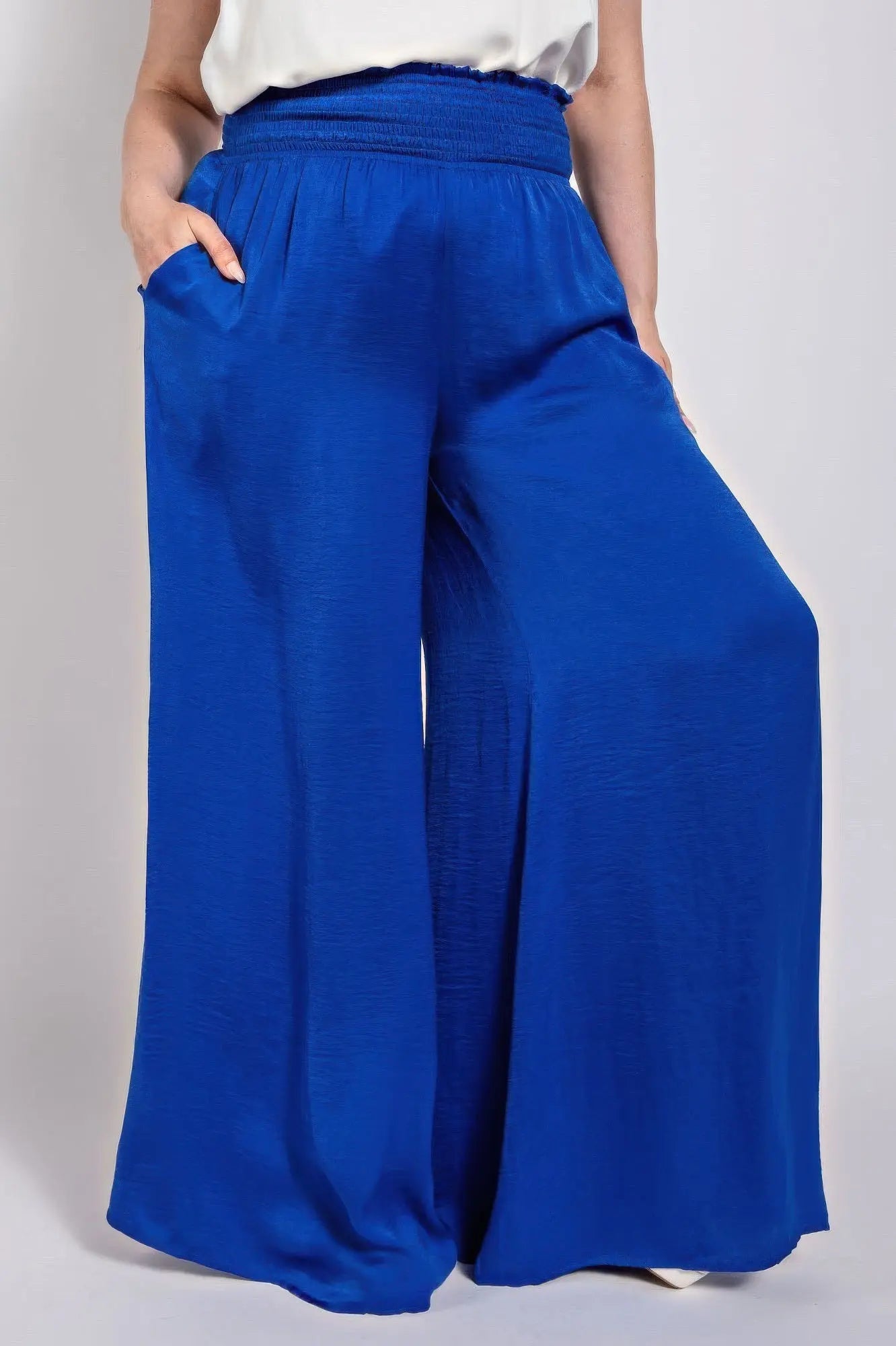 Washed Satin Wide Pants With Waist Smocked - Couture Envy